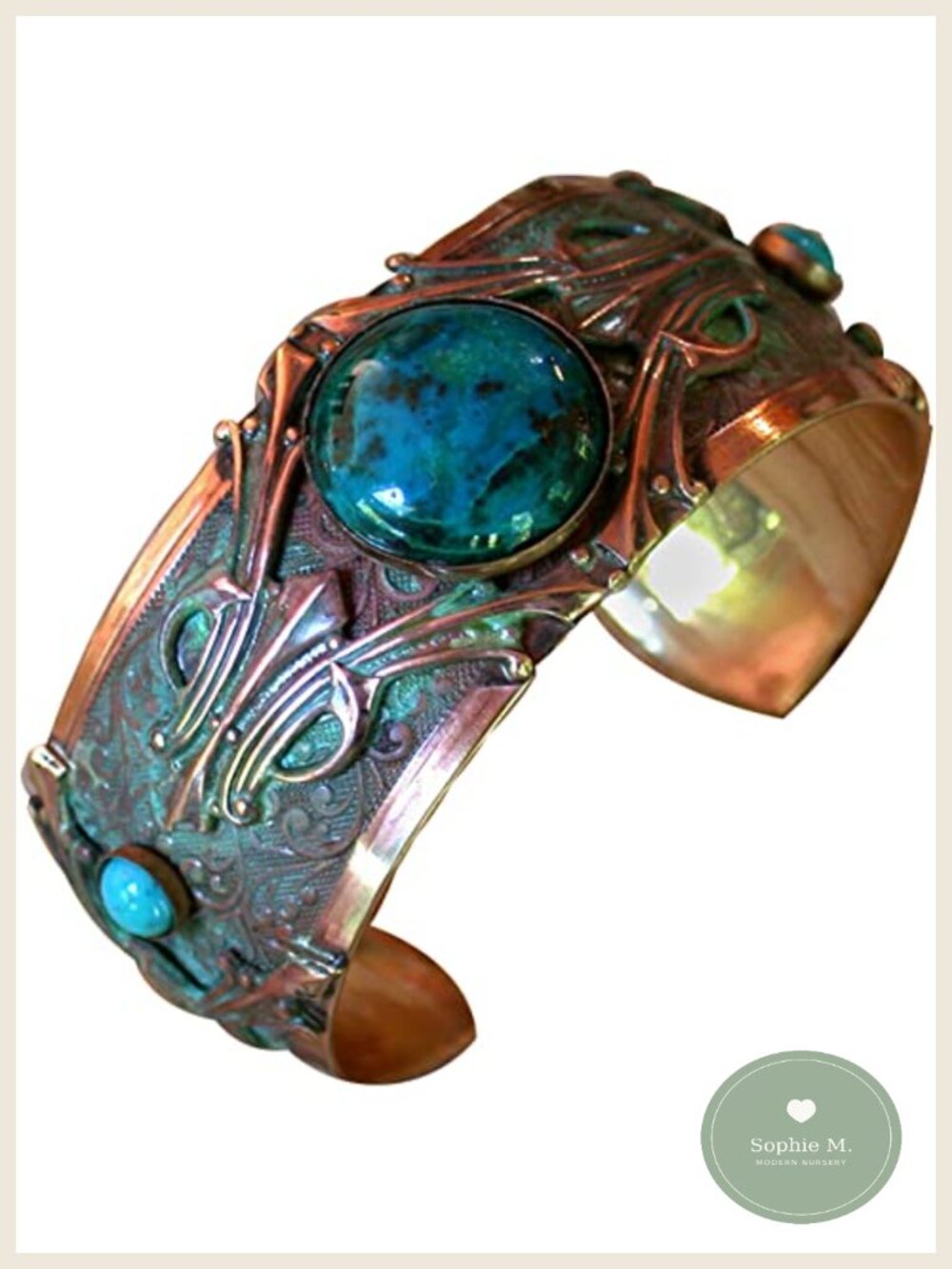 Artisan Handcrafted Brass Chrysocolla Cuff Bracelet Wearable Art Deco